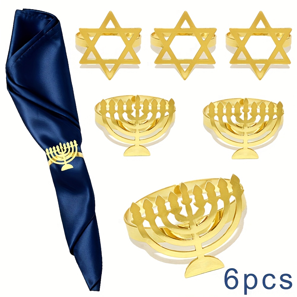 Rings - 6-teiliges Chanukka-Menora-Serviettenring-Set, Gold-Silber Strass-Stern Stoffhalter-Schnallen, Jüdische