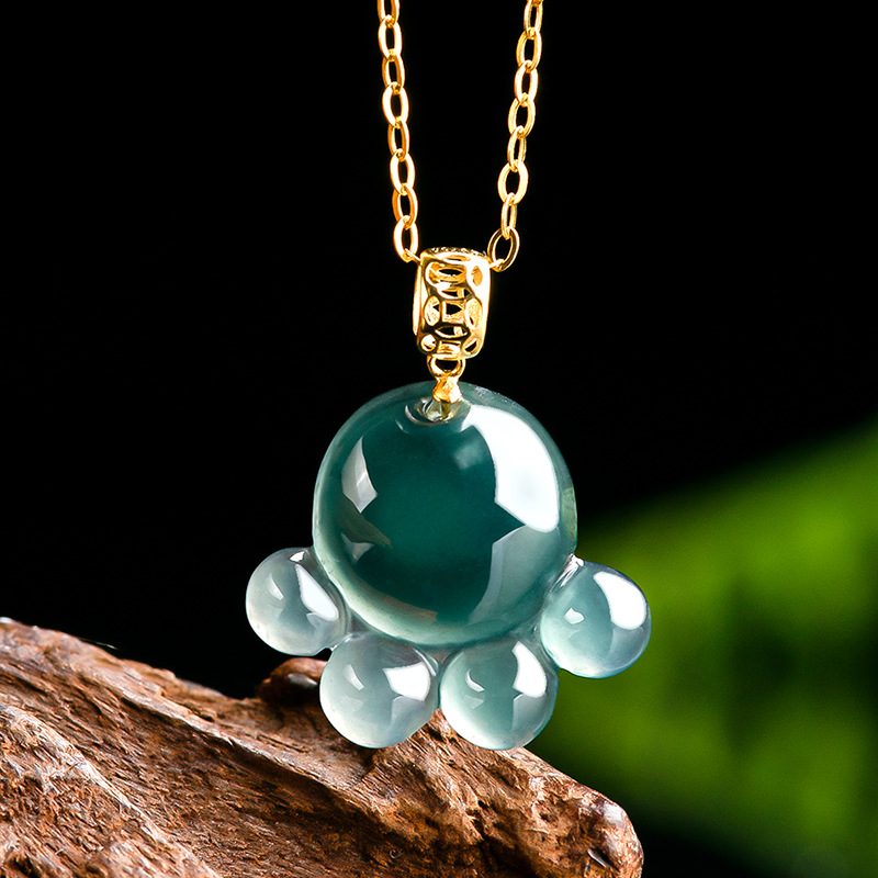Necklaces - Natürlicher Echter Smaragd Blaue Wasserjade Katzenpfoten-Anhänger